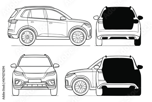Outlined SUV Car Illustration with Multiple Angles for Design and Technical Purposes Automotive Vehicle Renderings and Car Drawings for Production