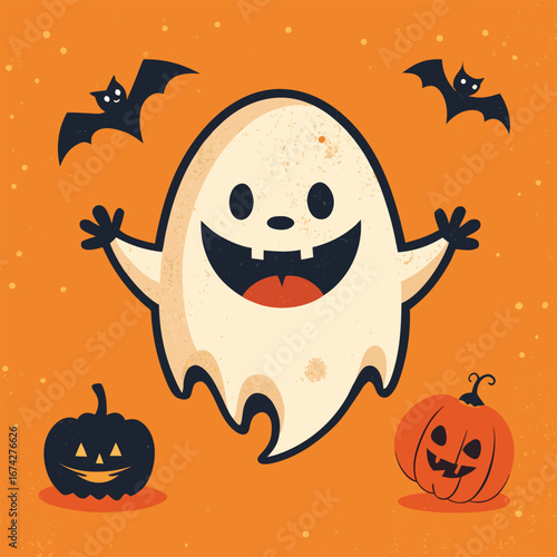 Spooky Halloween night background with pumpkins, bats, and a black cat silhouette illustration