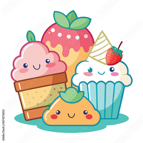 A delicious set of cartoon cupcakes and cakes with sweet strawberry and chocolate cream on a seamless vector pattern