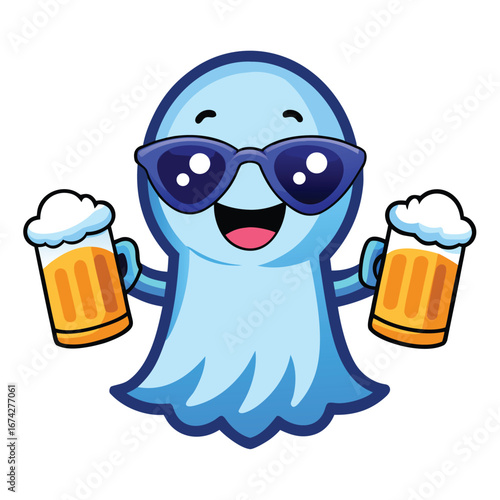 A fun cartoon vector illustration of a cold, frothy pint of beer in a glass mug, perfect for a bar or pub design