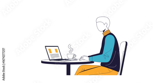Stylized freelancer illustration at café with laptop, coffee and vibrant colors