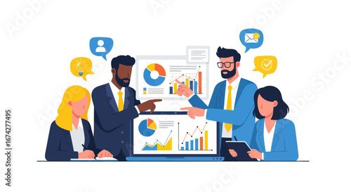 Diverse team collaborating on data analysis and strategic planning in a business setting