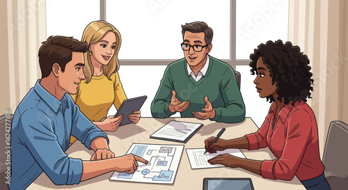 Diverse team collaborating on a project at a table with modern office environment