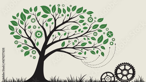 Tree of Nature and Technology – Vector Illustration of Logical Eco Futuristic Symbolic Concept Artwork
