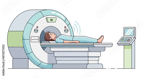 Illustration of a patient undergoing an MRI scan inside a modern medical facility diagnostic
