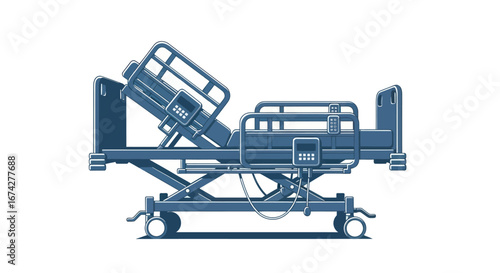 Illustration of a modern, adjustable hospital bed with electronic controls isolated on white