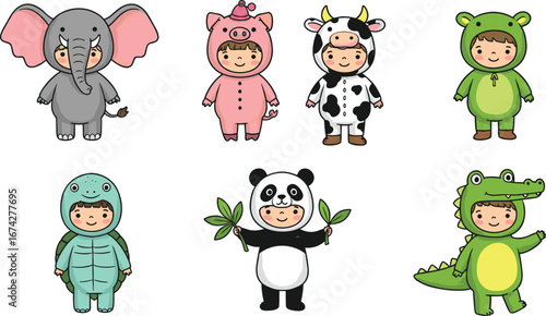 Cute kids wearing animal costumes cartoon illustration set including elephant, pig, cow, dinosaur, turtle, panda, and crocodile suits.