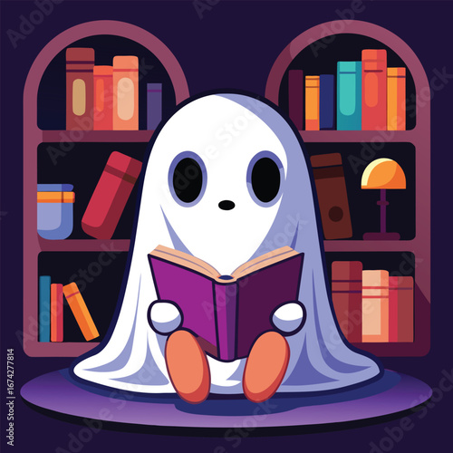 Funny cartoon zombie in a halloween ghost town at night illustration