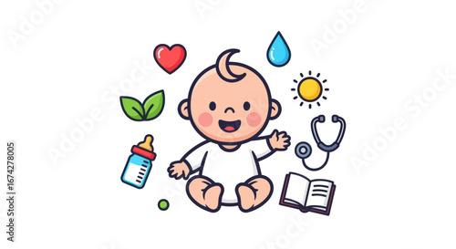 Adorable cartoon baby surrounded by elements representing care and early education