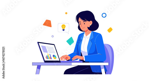 Digital entrepreneur woman working online with laptop and charts developing ideas innovatively