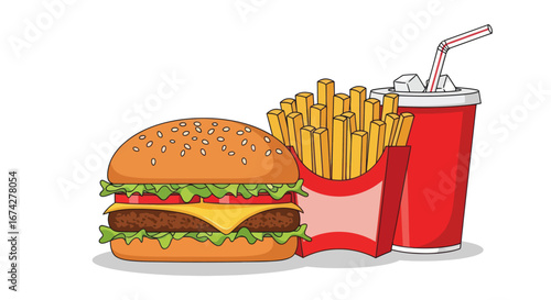 Delightful cartoon rendition showcasing an inviting burger, crispy fries and refreshing beverage