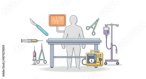 Illustration showing operating room setting with surgical tools and medical equipment for a