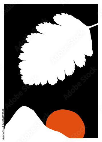 Swedish whitebeam leaf with orange sun and mountain. Background for print, poster, or branding. Perfect for botanical design, zen decor, and modern nature artwork.