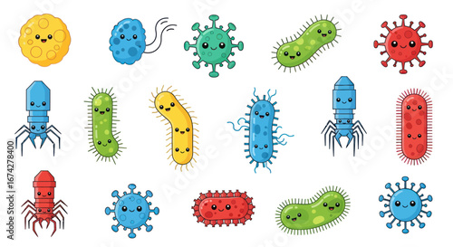 Whimsical Cartoon Microbes Pattern, Exploring Microscopic Life with Delightful and Educational
