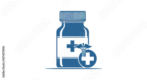 Medication symbol with bottle and caduceus representing healthcare solutions and services