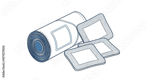 Illustration showing a medical bandage roll and adhesive bandages isolated on a white background