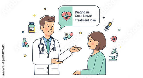Positive diagnosis consultation: Cheerful doctor shares good news with patient and suggests a