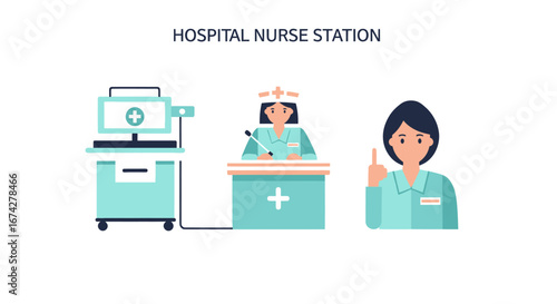 Illustration depicting a hospital nurse station scene with nurses and equipment