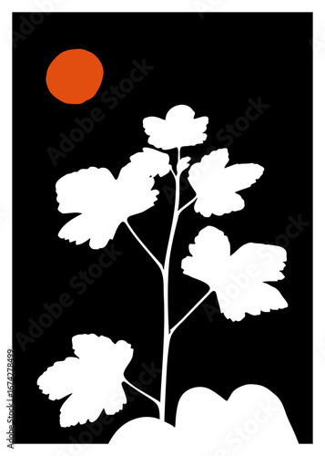 Acer sycamore maple leaf silhouette with bold black and white contrast and orange sun. Minimal floral background for poster, artwork, branding, packaging, card, invitation, and modern design.