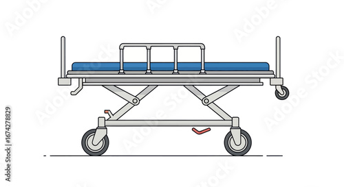 Detailed medical stretcher illustration conveying equipment mobility and patient care focus