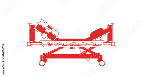 Stylized red hospital bed illustration with adjustable sections on clean backdrop