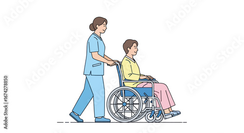 Caring nurse pushing senior patient in wheelchair emphasizing support and empathy depicted in a
