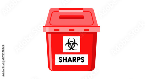 Illustration of a specialized red sharps disposal container for healthcare waste management