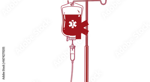 Medical intravenous blood transfusion system illustration with health symbol inside the bag on