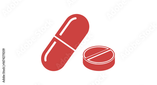 Minimalist representation of medication with red capsule and round tablet graphic