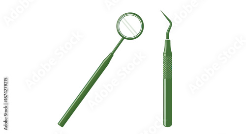 Green tinted dental instruments a mirror and a probe utilized by dentists to provide oral care and