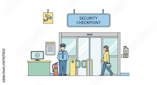 Security procedure illustration at the security checkpoint with officer and surveillance camera