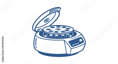 Elegant blue outline drawing displaying a modern laboratory centrifuge device