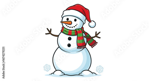 Whimsical snowman illustration with festive hat and scarf for holiday season cheer