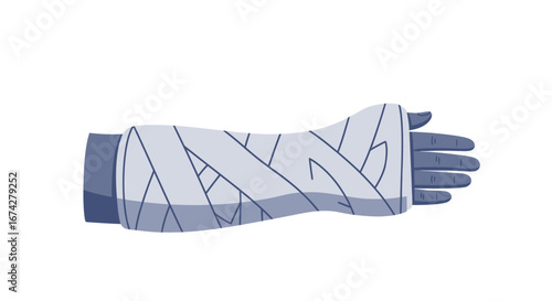 Illustration of a bandaged arm representing medical assistance and fracture healing for medical