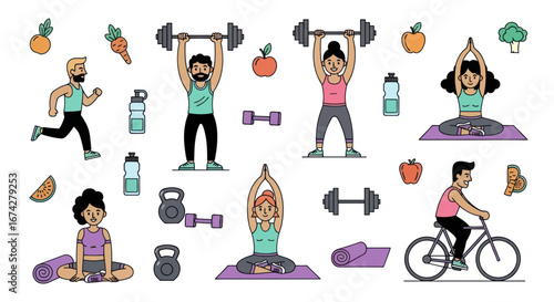 Cartoon lifestyle showcasing healthy eating and physical exercise routines featuring people and