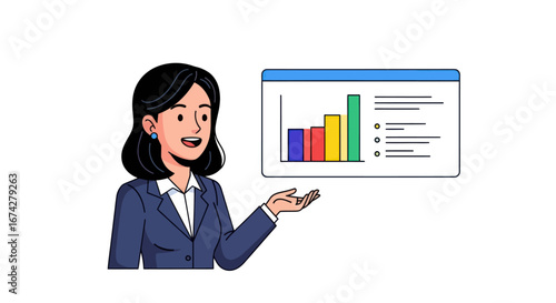 Businesswoman presenting financial chart, explaining data and analysis reports for growth and