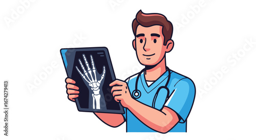 Cartoon doctor analyzing hand x-ray for diagnosis healthcare professional illustration