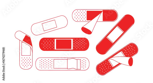 Minimalist depiction of assorted bandages, essential medical aid for minor injuries