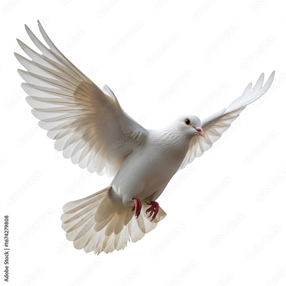 Obraz premium White Dove Soars Gracefully, Wings Spread Wide, Against a Transparent Background. Avian Beauty in Flight, Symbol of Peace.