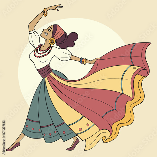 Woman in a flowing colorful dress dancing joyfully