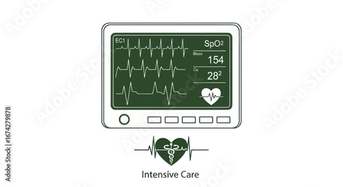 Medical monitor displaying vital signs and cardiac waveforms, representing critical care