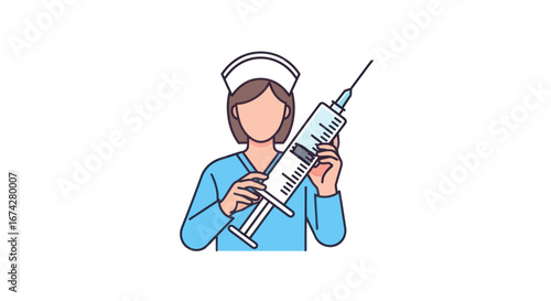 A nurse holding a big syringe shows the importance of vaccination and health protection