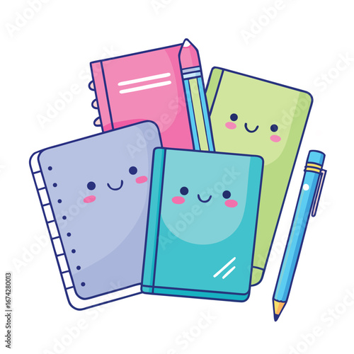 Notebook with pencils and pen stationery illustration