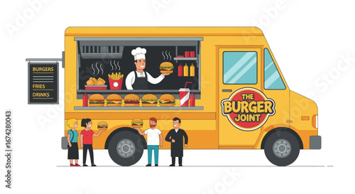 Vibrant cartoon scene of a yellow food truck selling burgers with happy customers