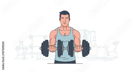 Illustration showcasing muscular man lifting heavy dumbbells in a gym environment for exercise