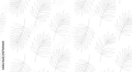 Delicate botanical pattern with soft gray palm fronds on a pristine white background design
