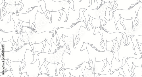Elegant equine harmony: Seamless pattern of line-drawn horses on a serene backdrop creating a