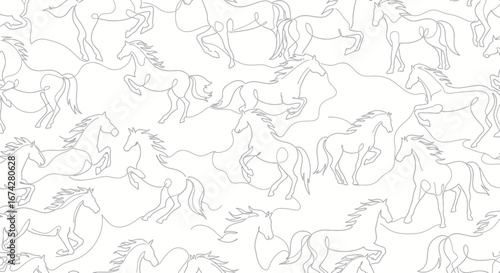 Seamless pattern featuring minimalist line art of galloping and rearing horses on white backdrop