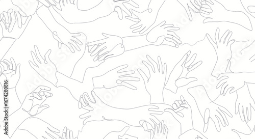 Monochrome line art of hands reaching and interacting in a continuous fluid pattern