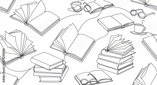 Continuous line drawing of books, glasses and a cup of coffee for a study environment